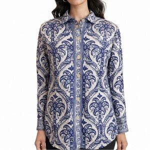FARM Rio Blue White Linen Blend Paisley Button Down XS